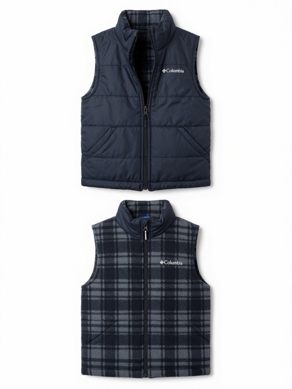 Columbia Kids Reversible Puffer and Fleece Vest Size XS 6/7 Black Gray Plaid